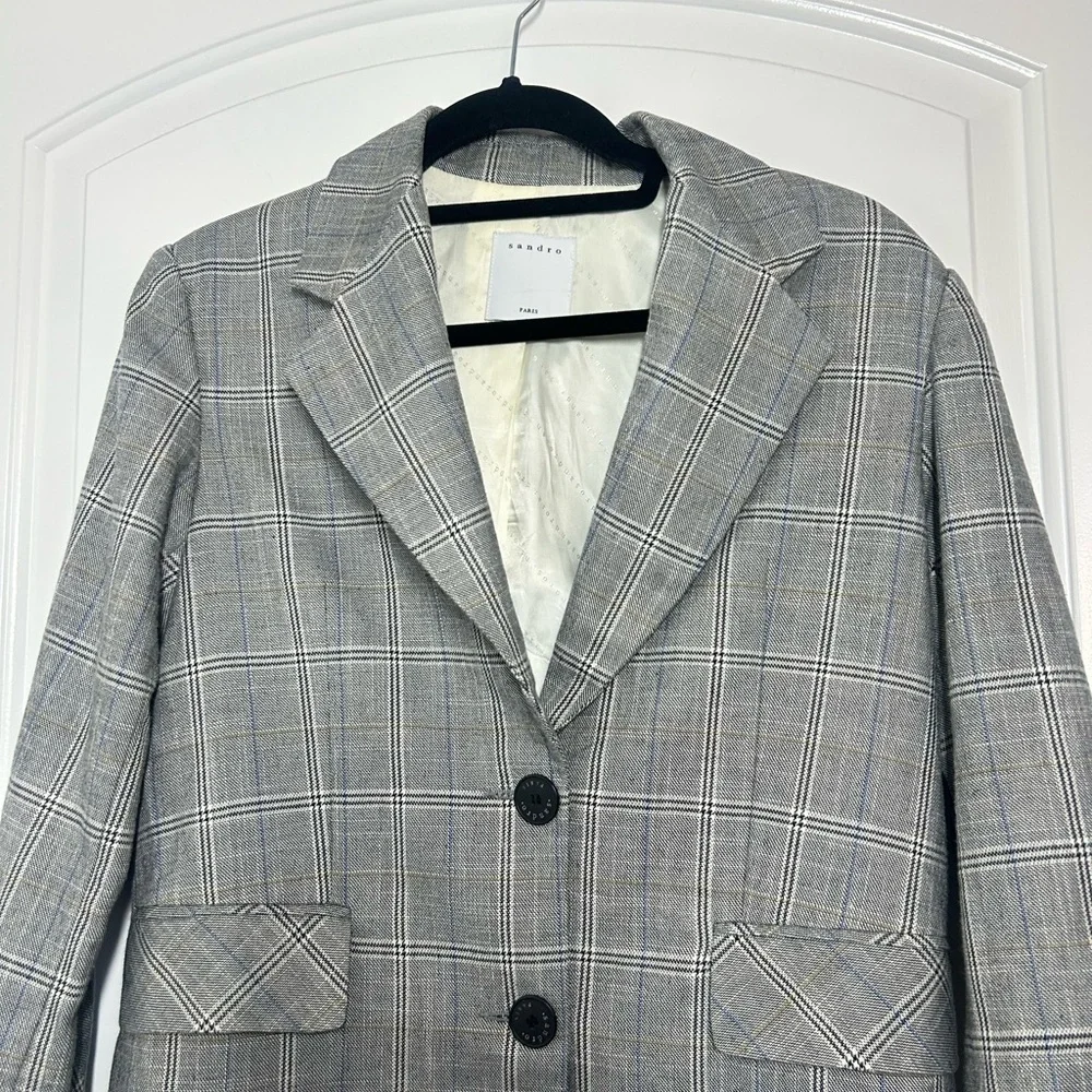 SANDRO Reynald Two-Button Plaid Blazer Gray Size 36 Preppy Academia Minimalist - Picture 6 of 15